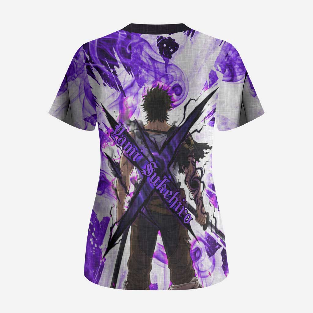 Yami Sukehiro Black Clover Scrub Top Dark Magic Anime Style with Purple Smoke and Bull Emblem