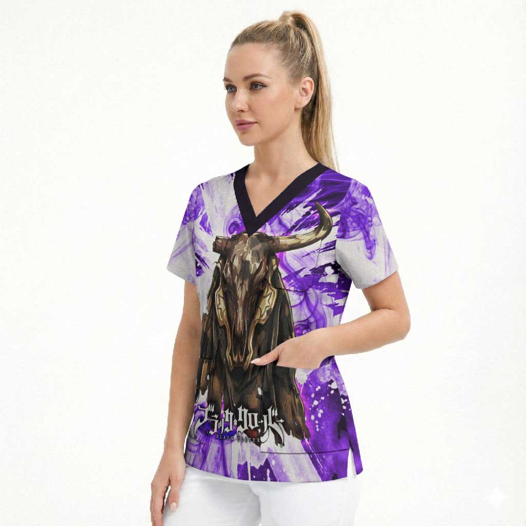 Yami Sukehiro Black Clover Scrub Top Dark Magic Anime Style with Purple Smoke and Bull Emblem