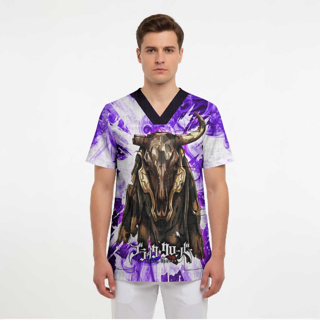 Yami Sukehiro Black Clover Scrub Top Dark Magic Anime Style with Purple Smoke and Bull Emblem
