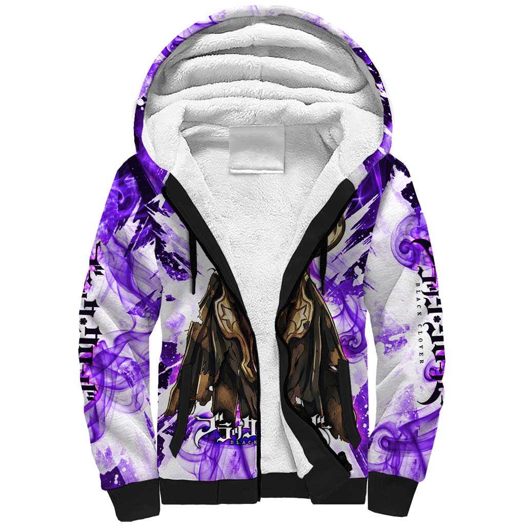Yami Sukehiro Black Clover Sherpa Hoodie Dark Magic Anime Style with Purple Smoke and Bull Emblem