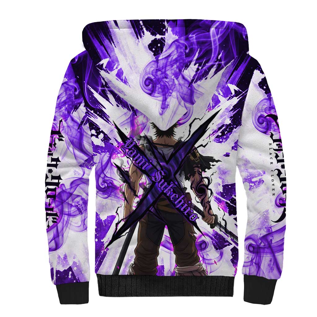 Yami Sukehiro Black Clover Sherpa Hoodie Dark Magic Anime Style with Purple Smoke and Bull Emblem
