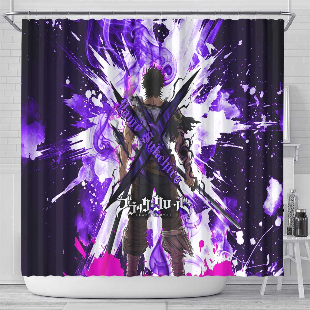 Yami Sukehiro Black Clover Shower Curtain Dark Magic Anime Style with Purple Smoke and Bull Emblem