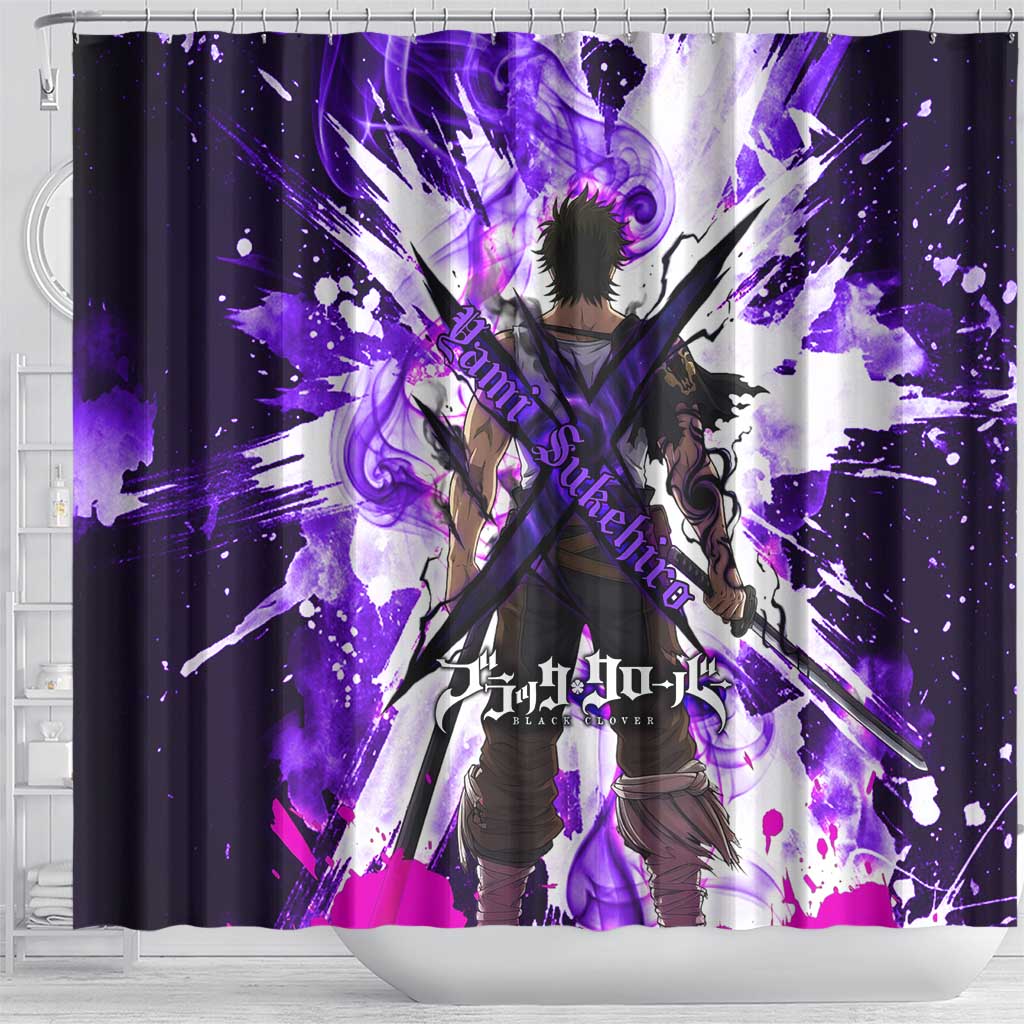 Yami Sukehiro Black Clover Shower Curtain Dark Magic Anime Style with Purple Smoke and Bull Emblem