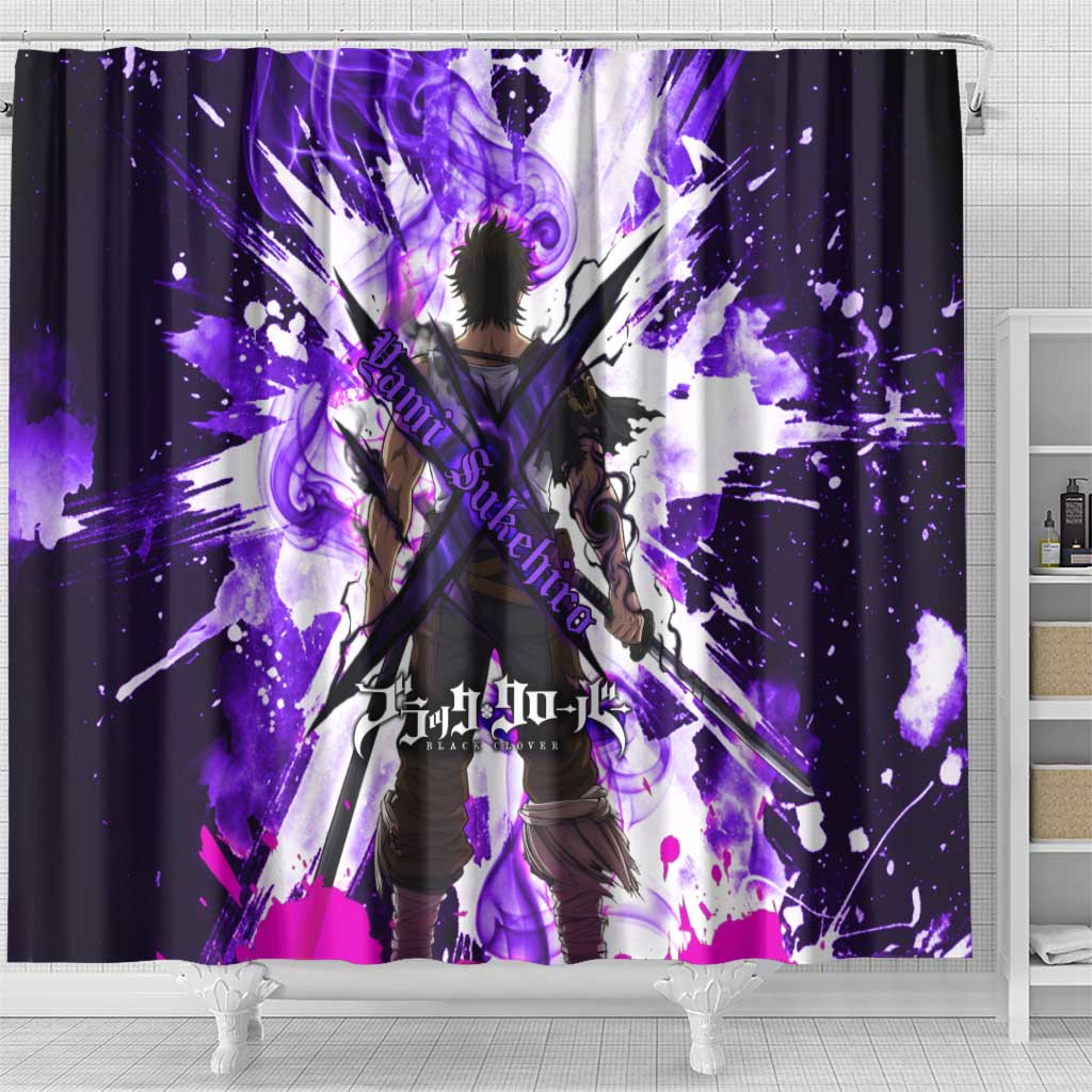 Yami Sukehiro Black Clover Shower Curtain Dark Magic Anime Style with Purple Smoke and Bull Emblem