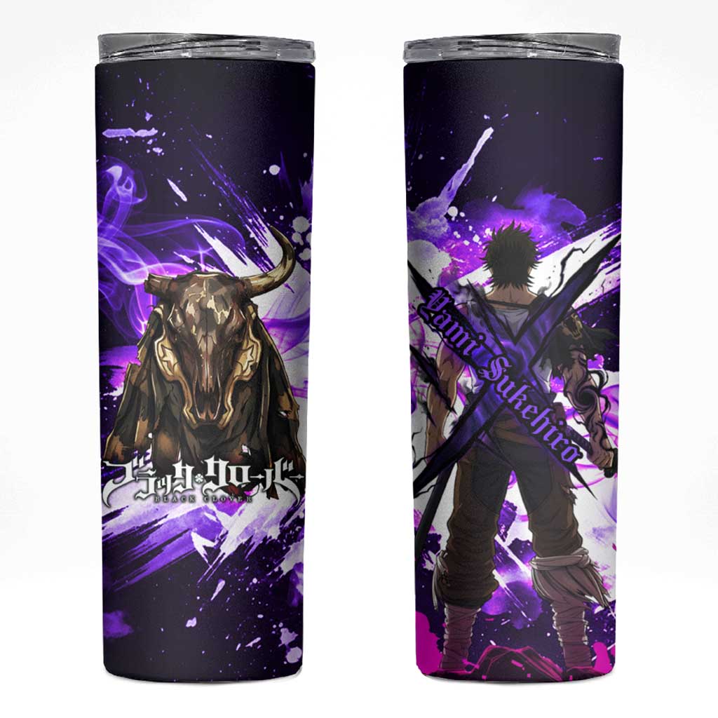 Yami Sukehiro Black Clover Skinny Tumbler Dark Magic Anime Style with Purple Smoke and Bull Emblem