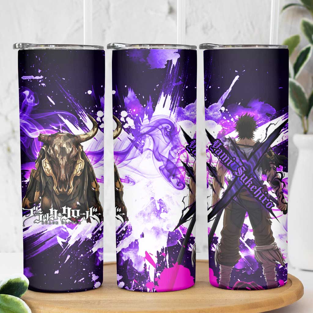 Yami Sukehiro Black Clover Skinny Tumbler Dark Magic Anime Style with Purple Smoke and Bull Emblem