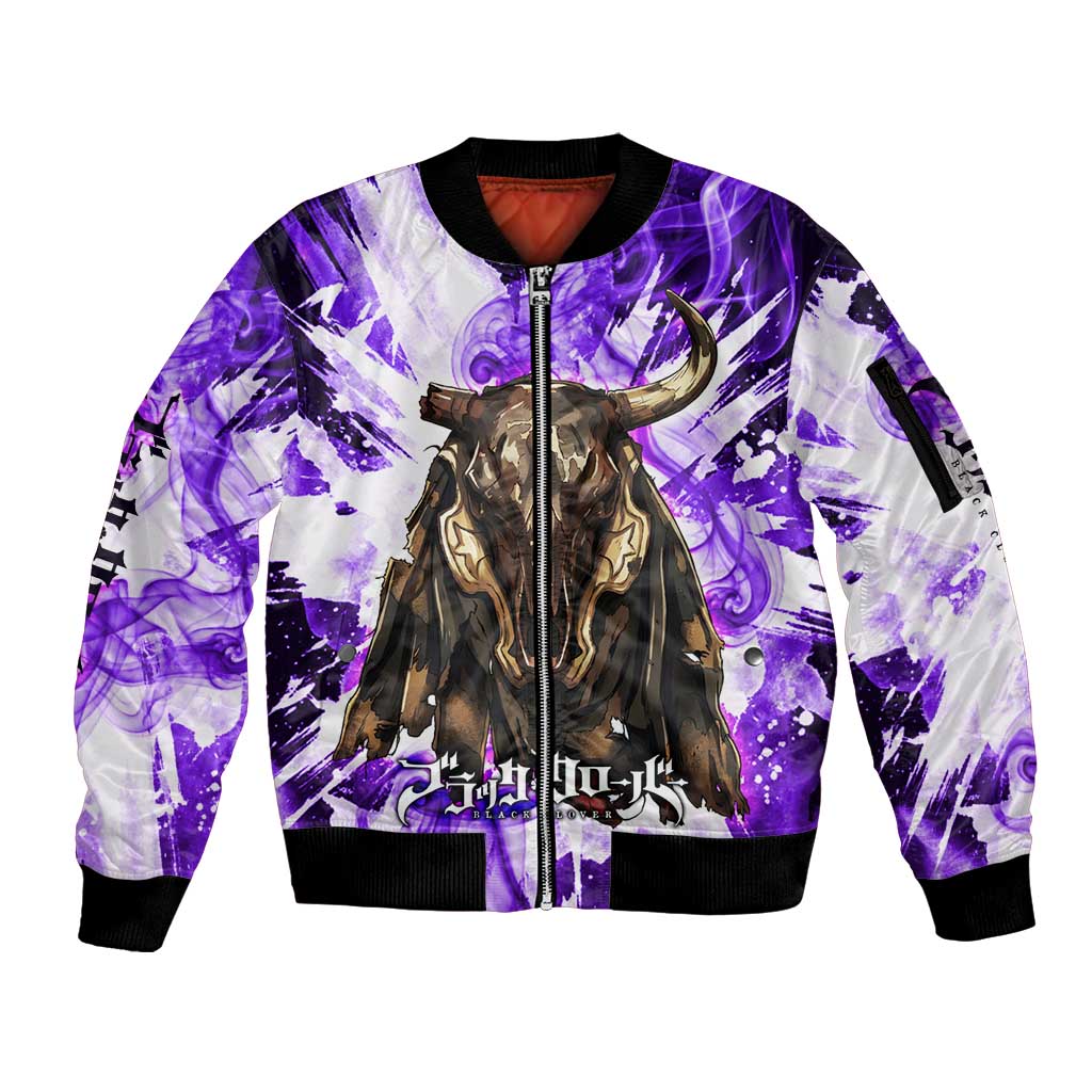 Yami Sukehiro Black Clover Sleeve Zip Bomber Jacket Dark Magic Anime Style with Purple Smoke and Bull Emblem