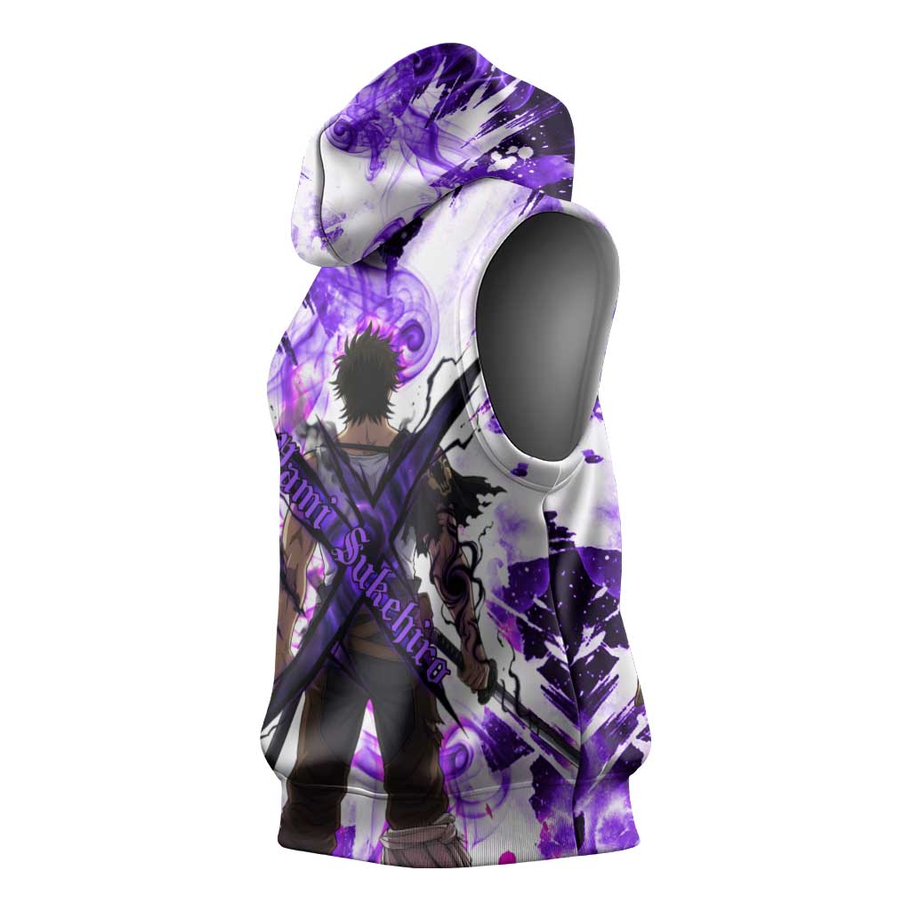 Yami Sukehiro Black Clover Sleeveless Hoodie Dark Magic Anime Style with Purple Smoke and Bull Emblem