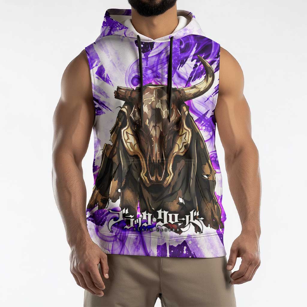 Yami Sukehiro Black Clover Sleeveless Hoodie Dark Magic Anime Style with Purple Smoke and Bull Emblem