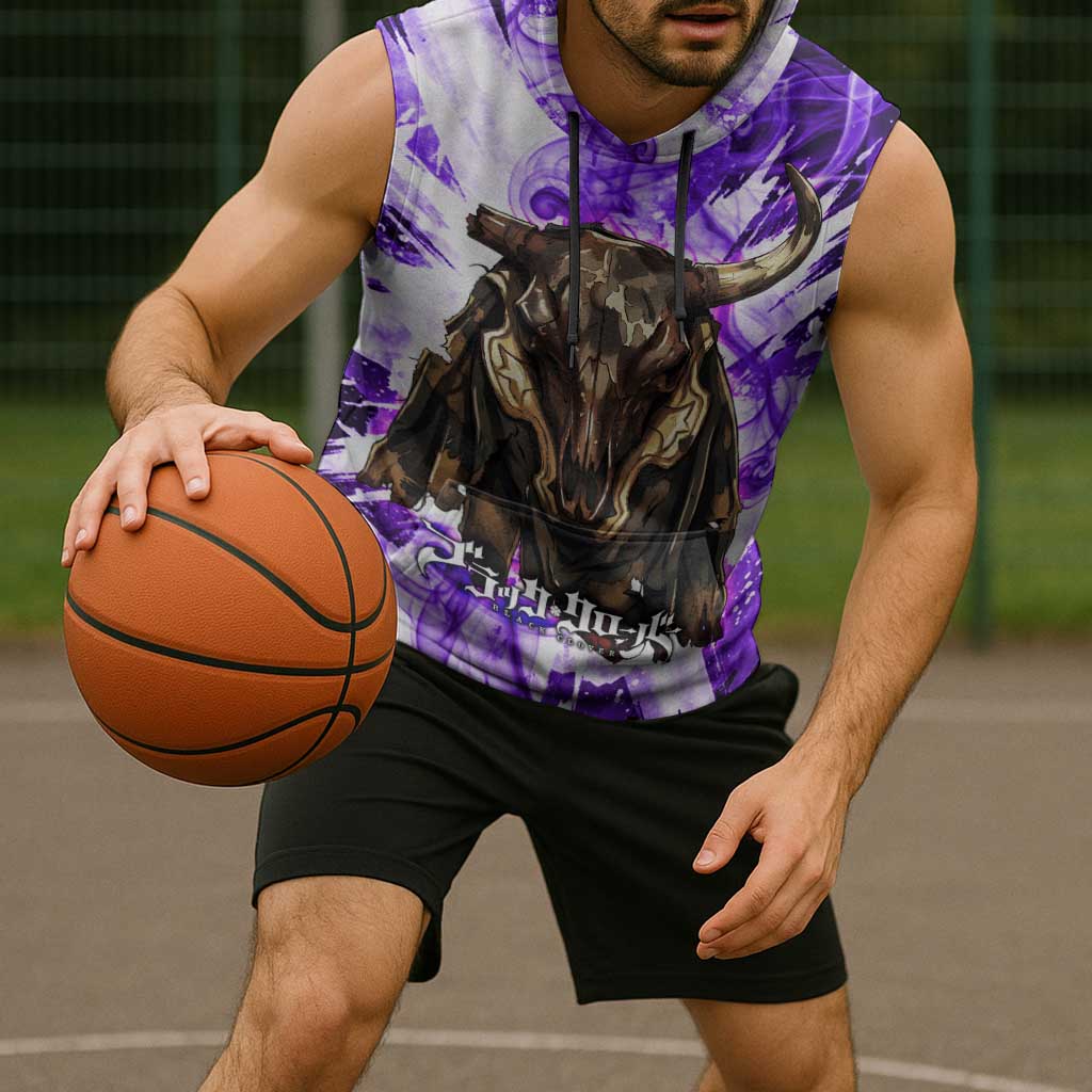 Yami Sukehiro Black Clover Sleeveless Hoodie Dark Magic Anime Style with Purple Smoke and Bull Emblem