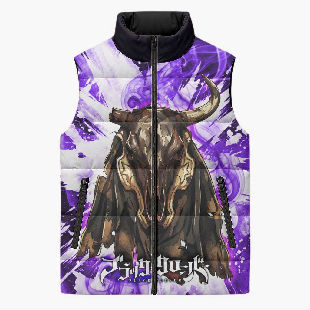 Yami Sukehiro Black Clover Sleeveless Puffer Jacket Dark Magic Anime Style with Purple Smoke and Bull Emblem