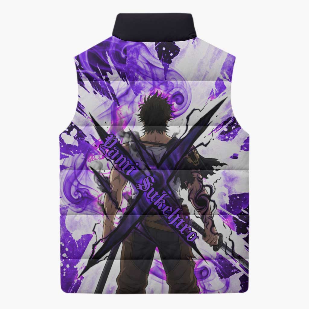 Yami Sukehiro Black Clover Sleeveless Puffer Jacket Dark Magic Anime Style with Purple Smoke and Bull Emblem