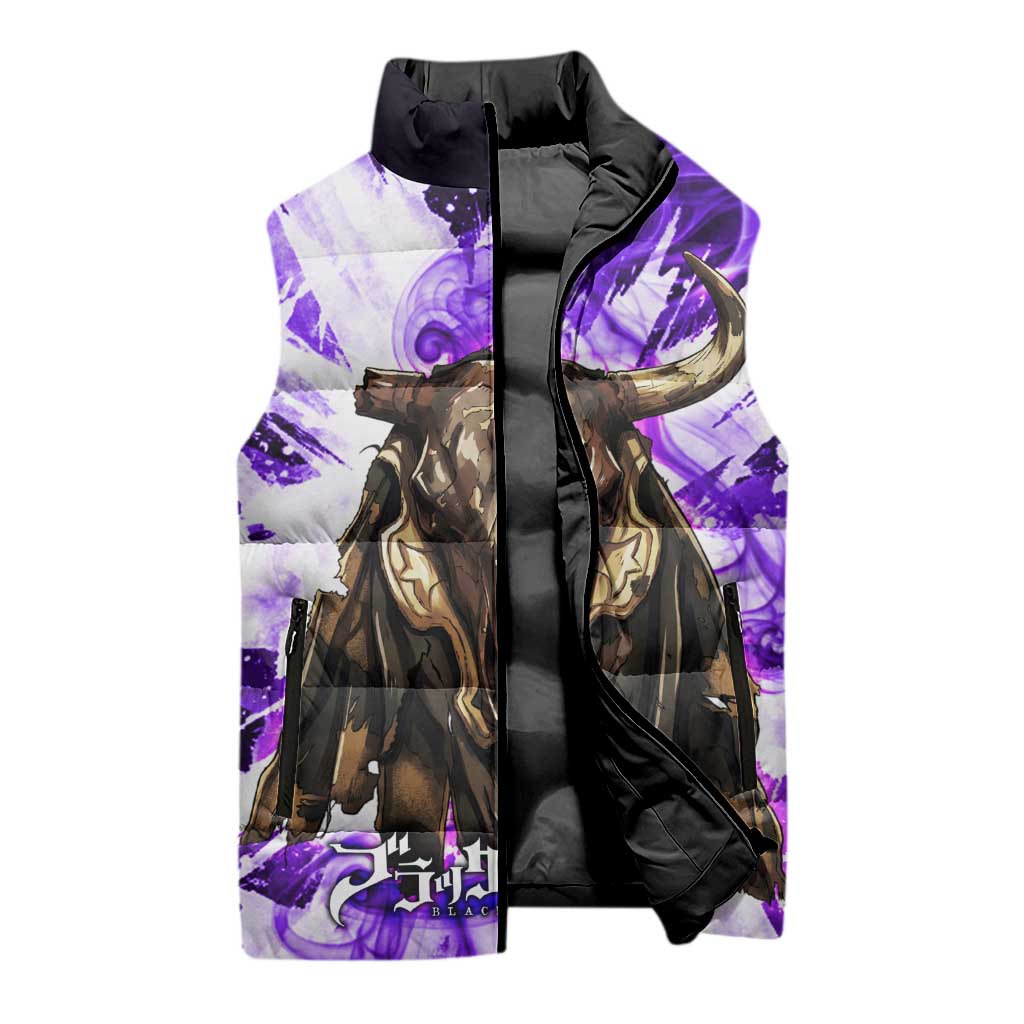 Yami Sukehiro Black Clover Sleeveless Puffer Jacket Dark Magic Anime Style with Purple Smoke and Bull Emblem