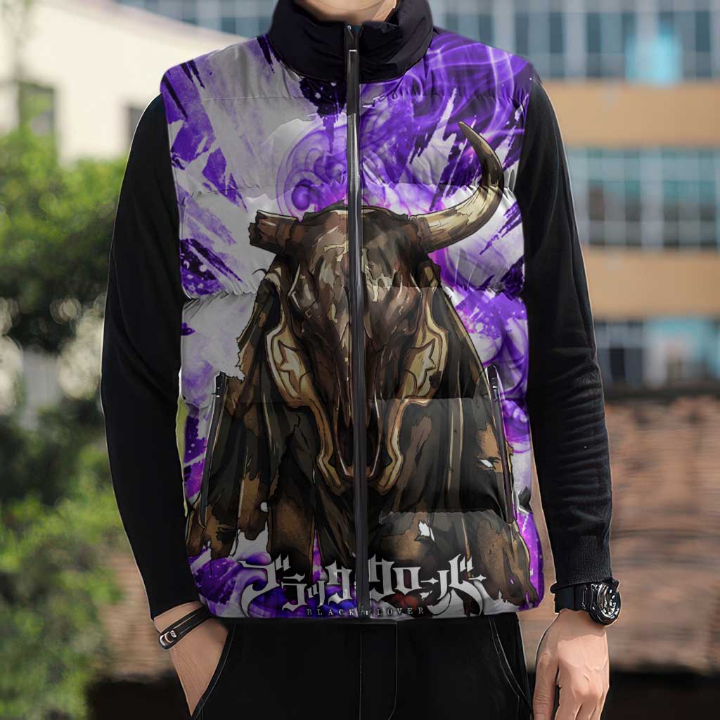 Yami Sukehiro Black Clover Sleeveless Puffer Jacket Dark Magic Anime Style with Purple Smoke and Bull Emblem