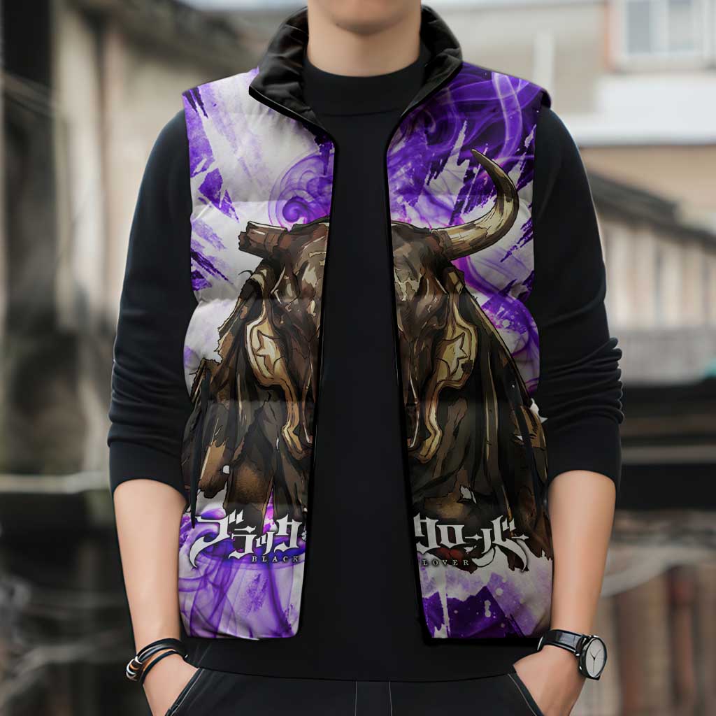 Yami Sukehiro Black Clover Sleeveless Puffer Jacket Dark Magic Anime Style with Purple Smoke and Bull Emblem