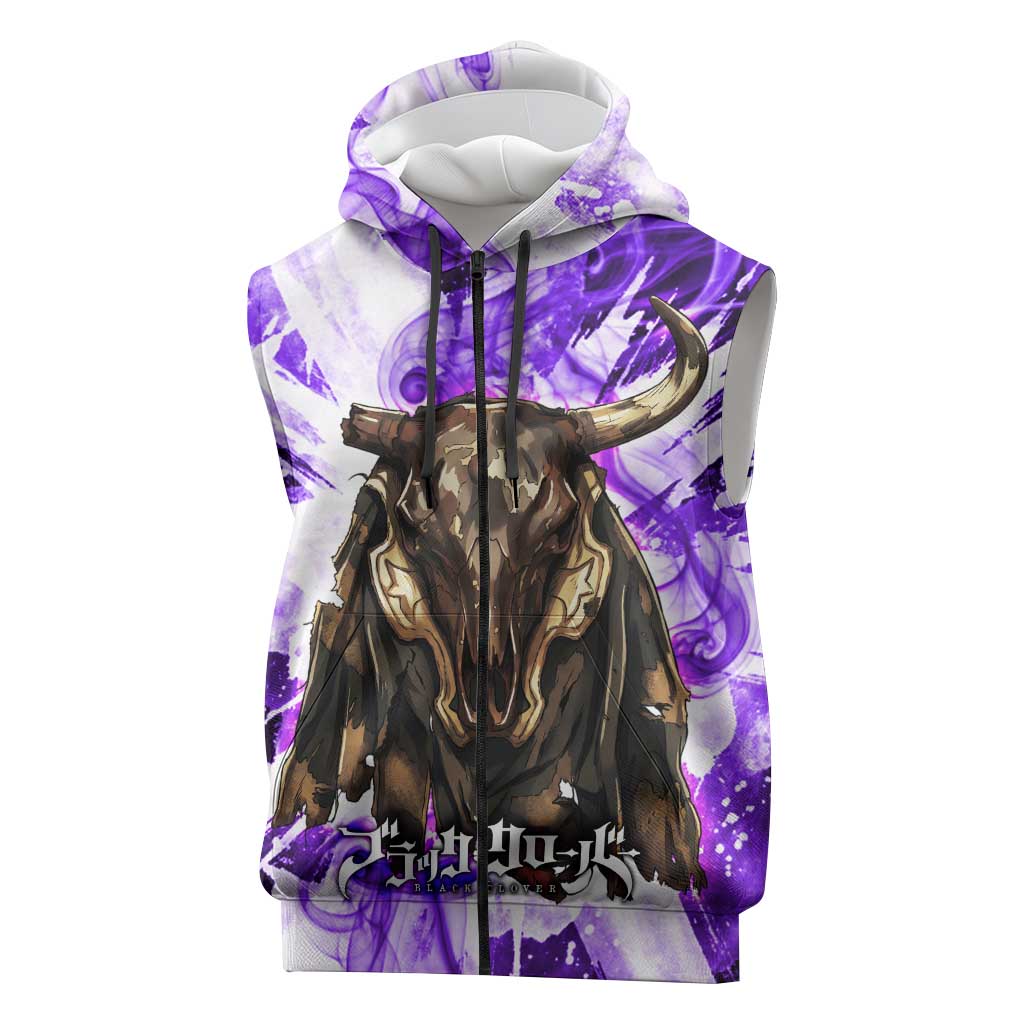 Yami Sukehiro Black Clover Sleeveless Zip Hoodie Dark Magic Anime Style with Purple Smoke and Bull Emblem