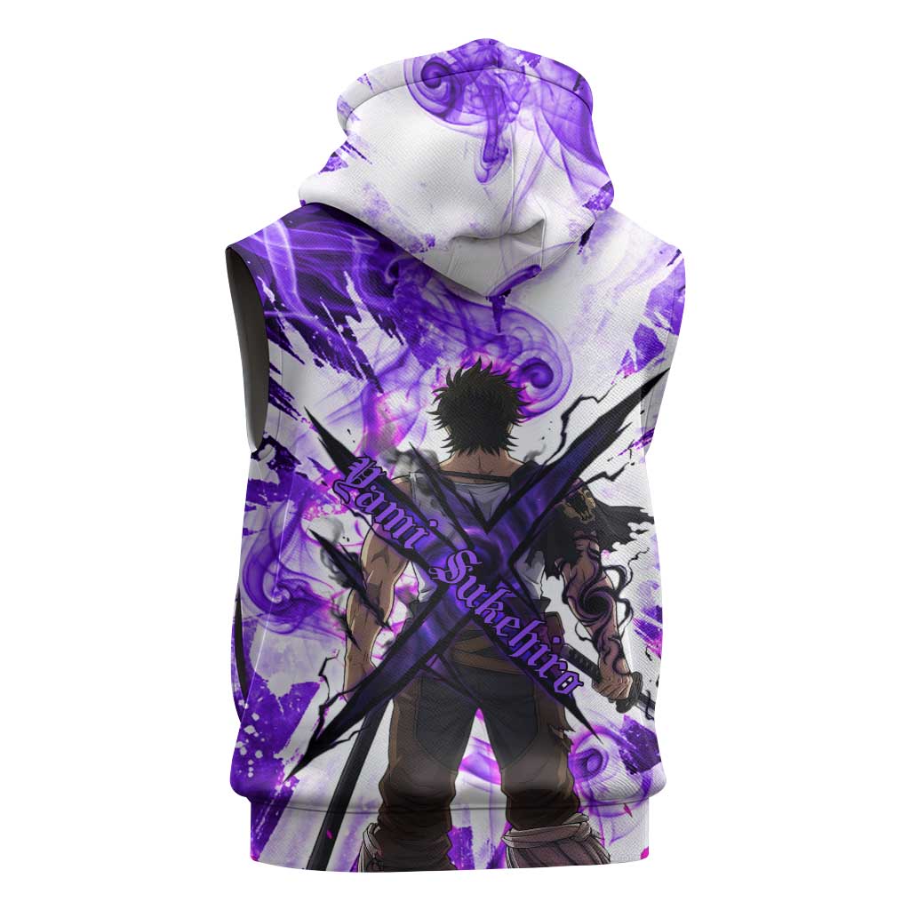 Yami Sukehiro Black Clover Sleeveless Zip Hoodie Dark Magic Anime Style with Purple Smoke and Bull Emblem