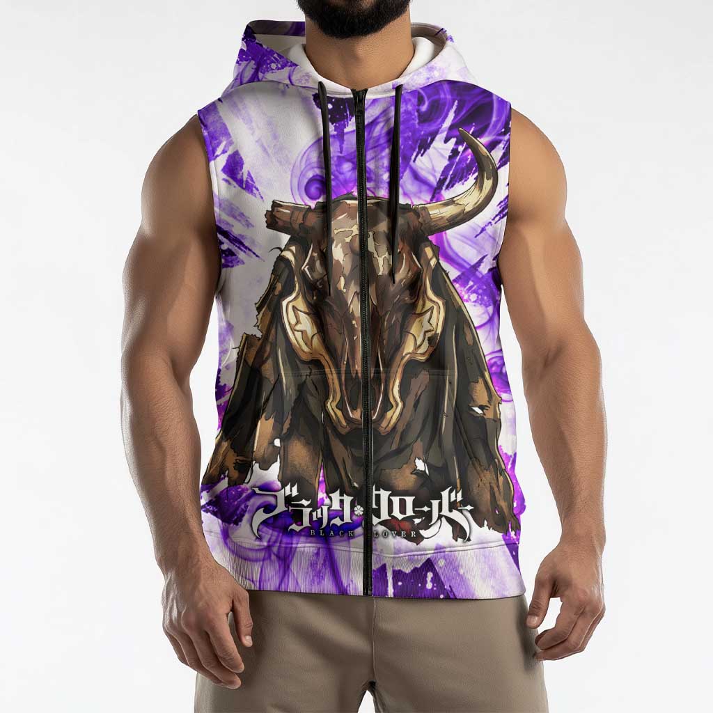 Yami Sukehiro Black Clover Sleeveless Zip Hoodie Dark Magic Anime Style with Purple Smoke and Bull Emblem
