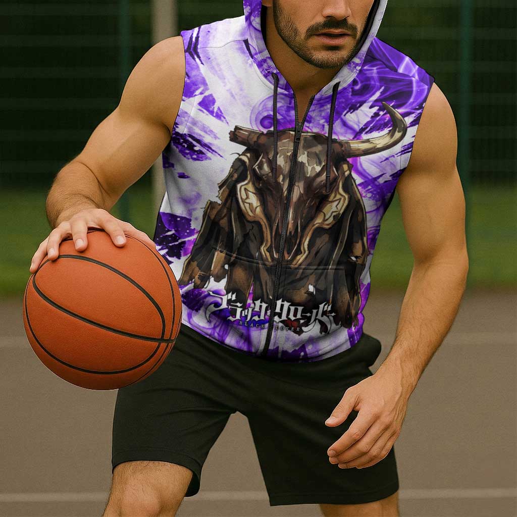 Yami Sukehiro Black Clover Sleeveless Zip Hoodie Dark Magic Anime Style with Purple Smoke and Bull Emblem