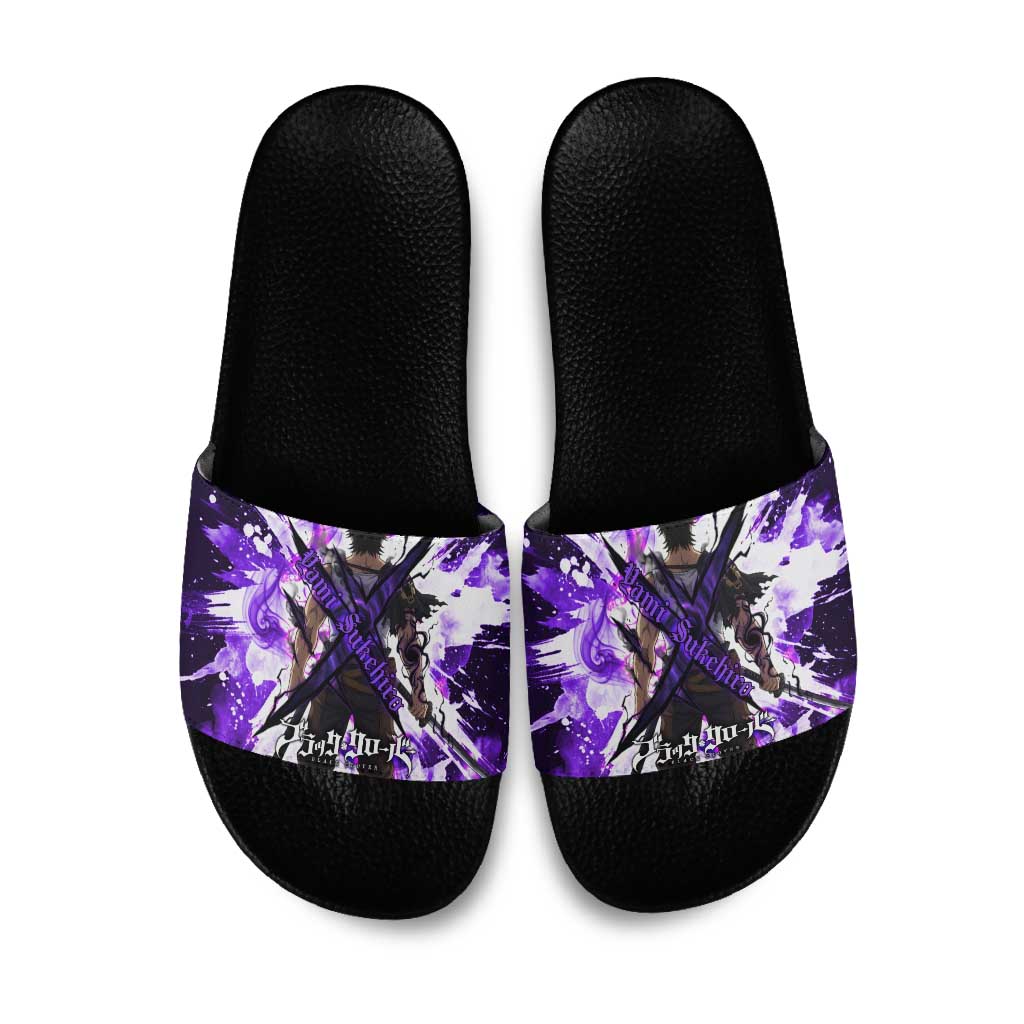 Yami Sukehiro Black Clover Slide Sandals Dark Magic Anime Style with Purple Smoke and Bull Emblem