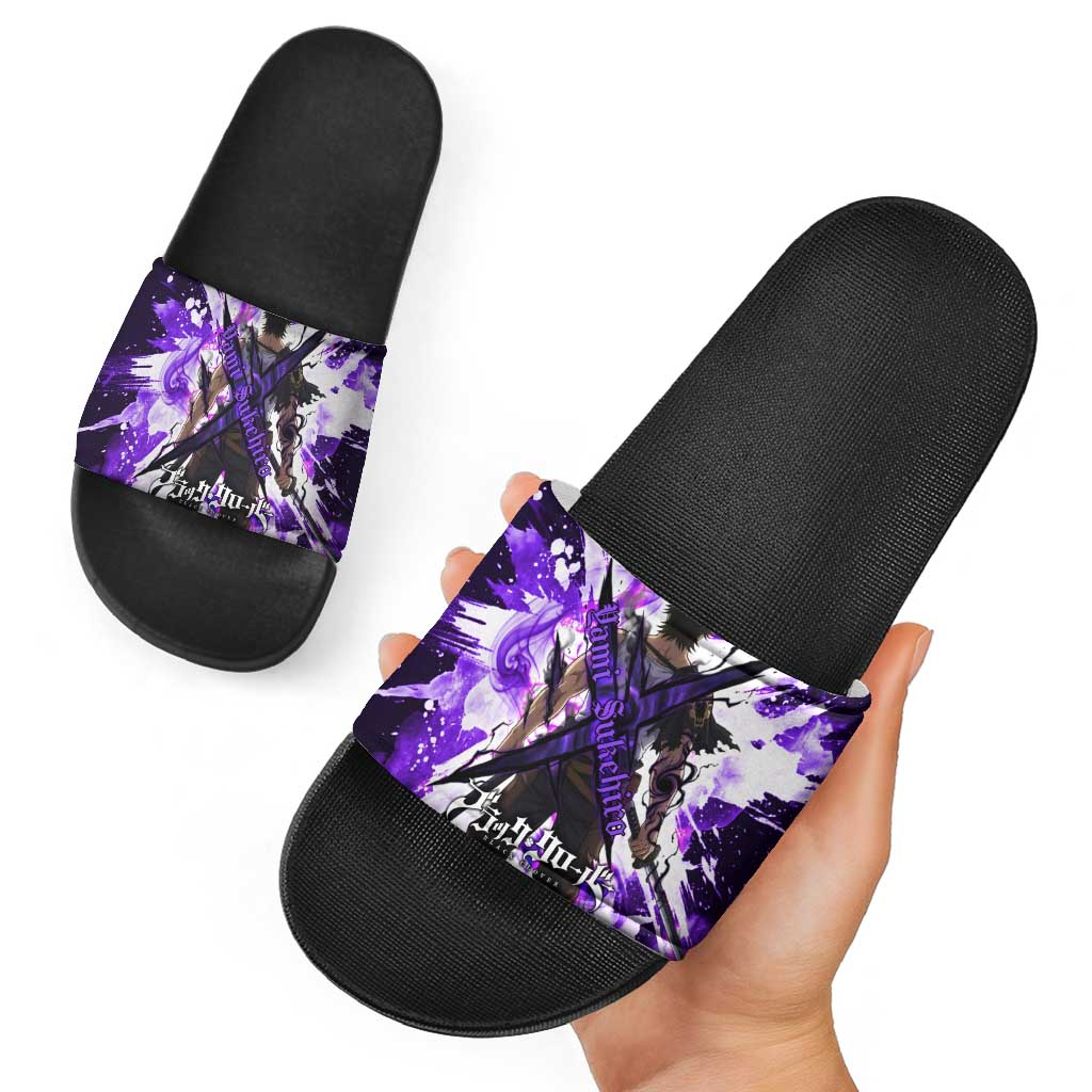 Yami Sukehiro Black Clover Slide Sandals Dark Magic Anime Style with Purple Smoke and Bull Emblem