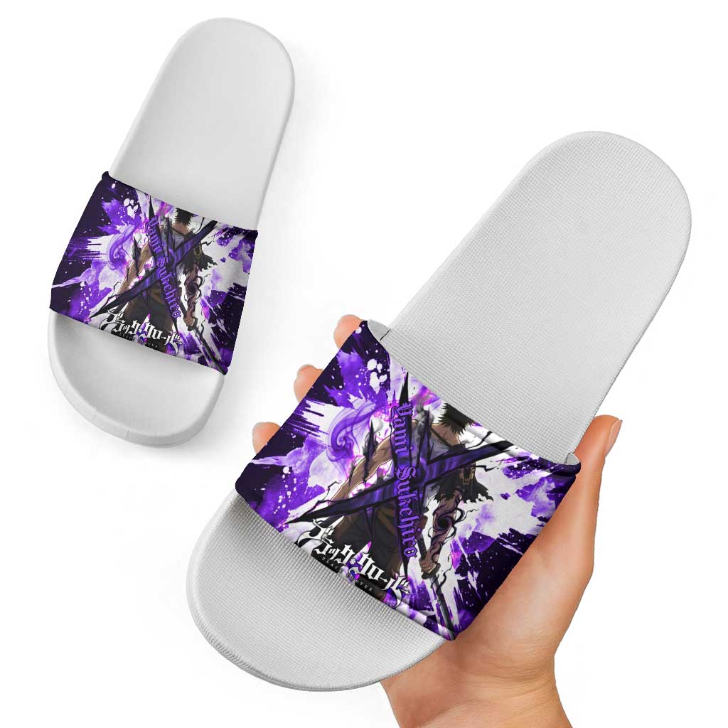 Yami Sukehiro Black Clover Slide Sandals Dark Magic Anime Style with Purple Smoke and Bull Emblem