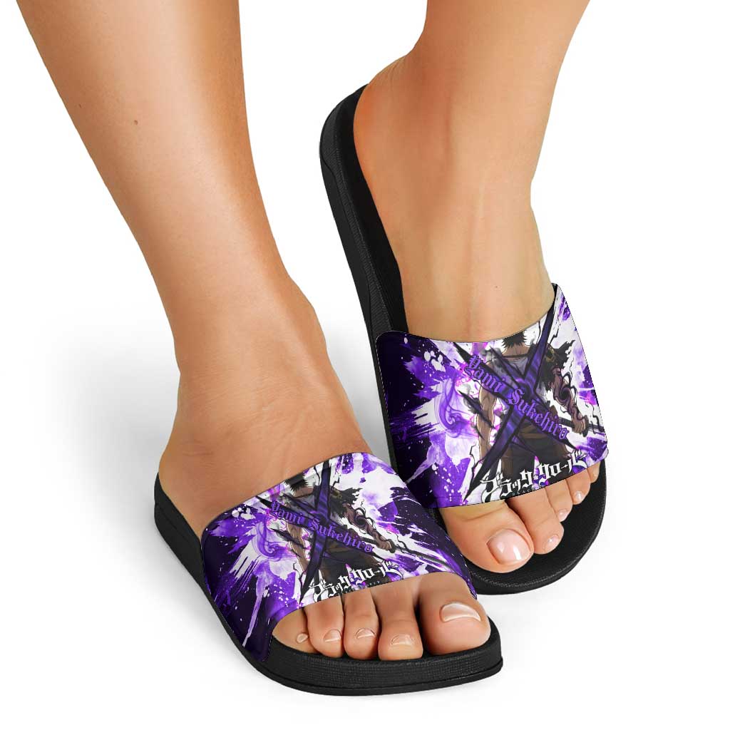 Yami Sukehiro Black Clover Slide Sandals Dark Magic Anime Style with Purple Smoke and Bull Emblem