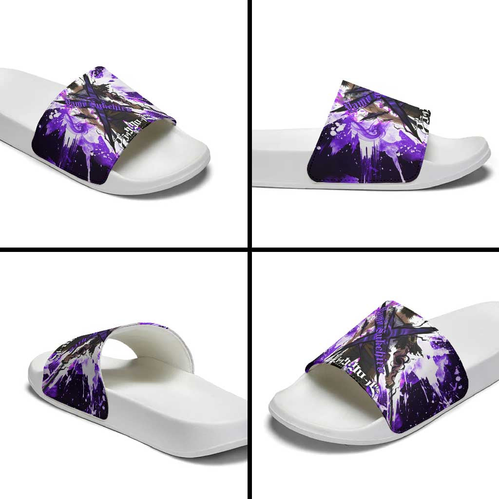Yami Sukehiro Black Clover Slide Sandals Dark Magic Anime Style with Purple Smoke and Bull Emblem