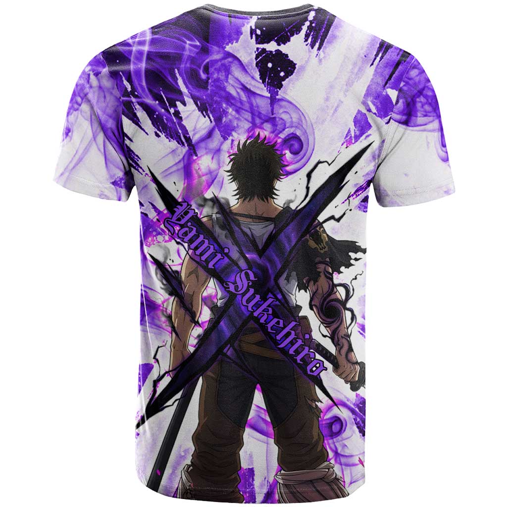Yami Sukehiro Black Clover T Shirt Dark Magic Anime Style with Purple Smoke and Bull Emblem