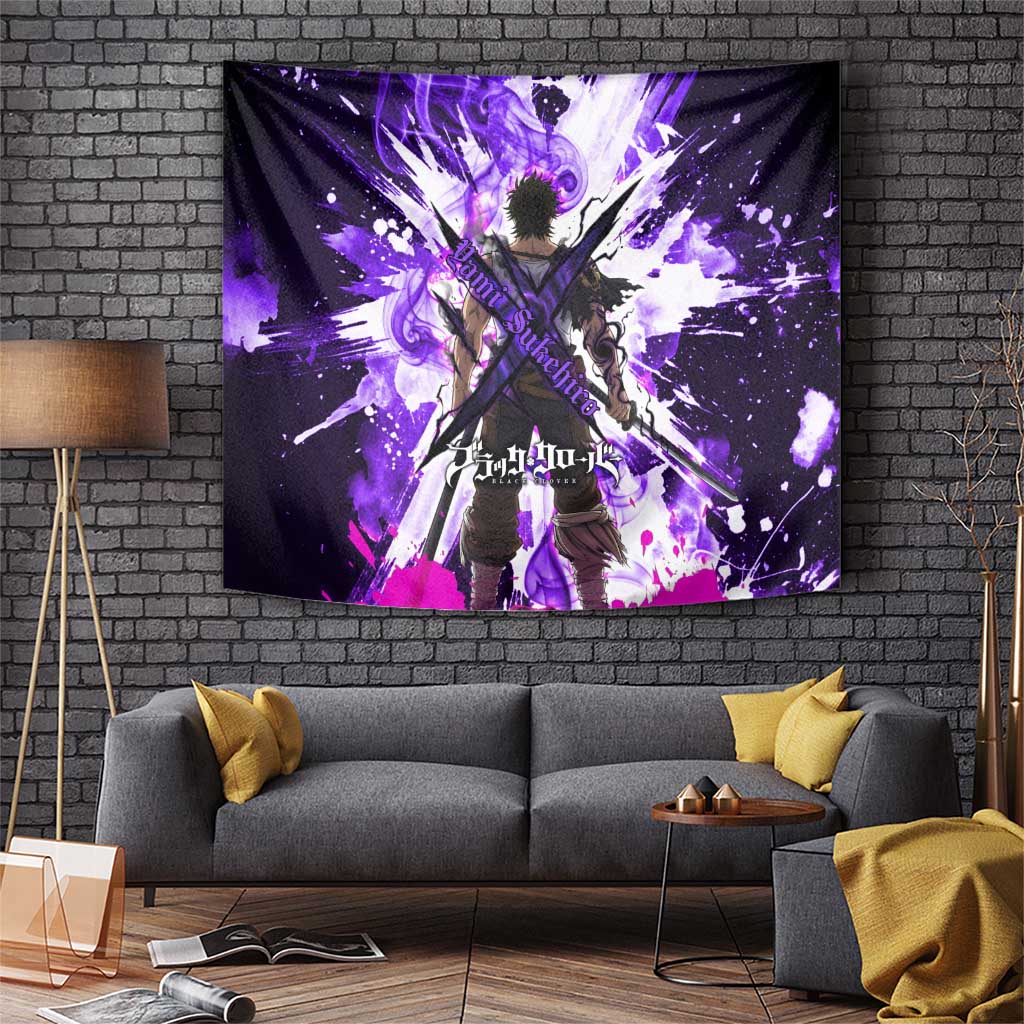 Yami Sukehiro Black Clover Tapestry Dark Magic Anime Style with Purple Smoke and Bull Emblem