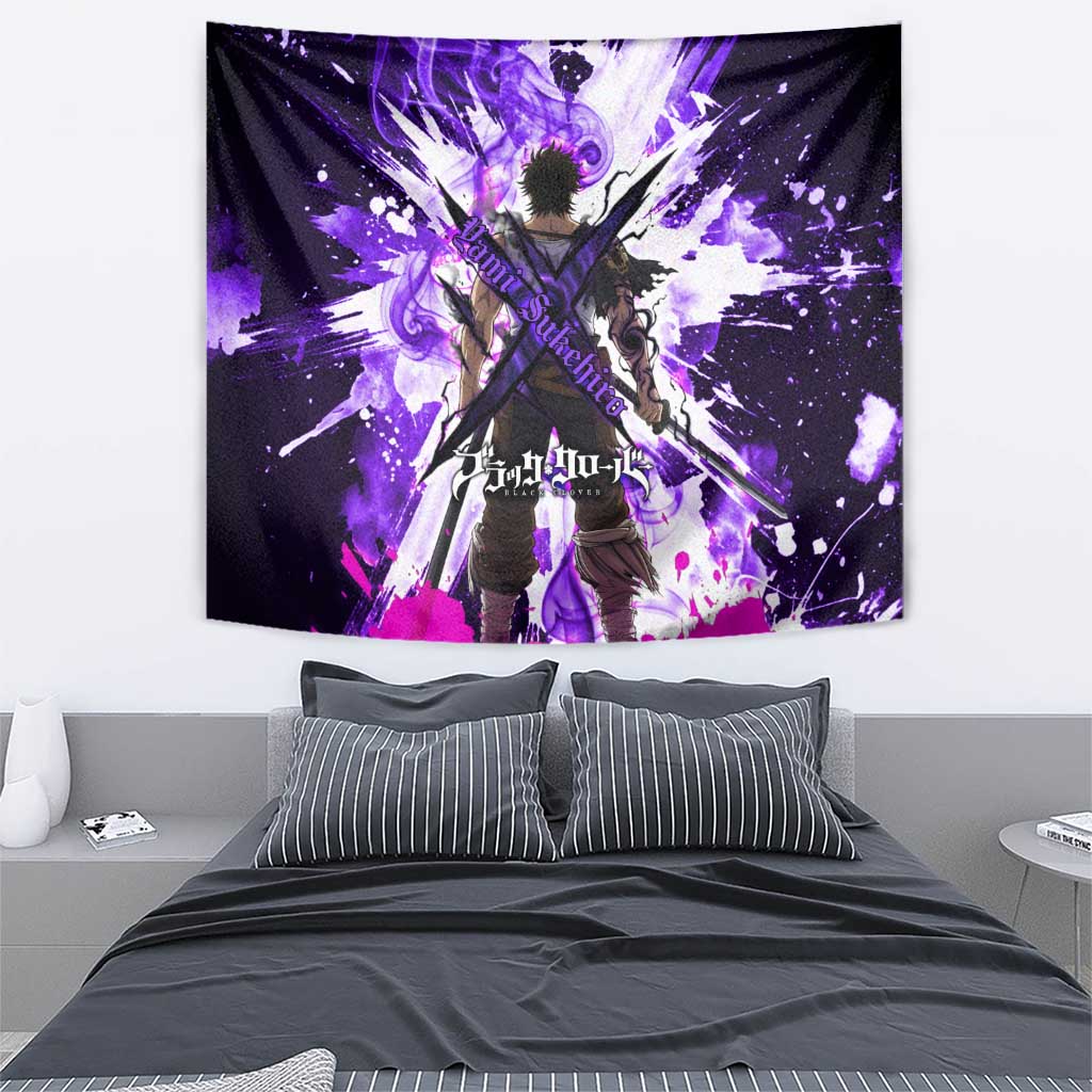 Yami Sukehiro Black Clover Tapestry Dark Magic Anime Style with Purple Smoke and Bull Emblem
