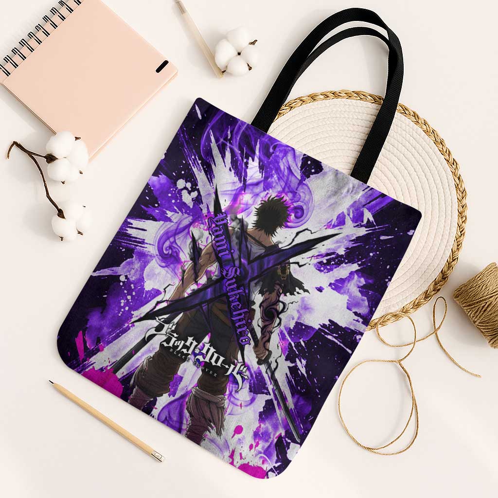 Yami Sukehiro Black Clover Tote Bag Dark Magic Anime Style with Purple Smoke and Bull Emblem