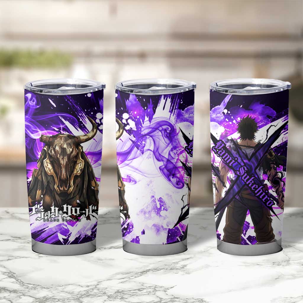 Yami Sukehiro Black Clover Tumbler Cup Dark Magic Anime Style with Purple Smoke and Bull Emblem