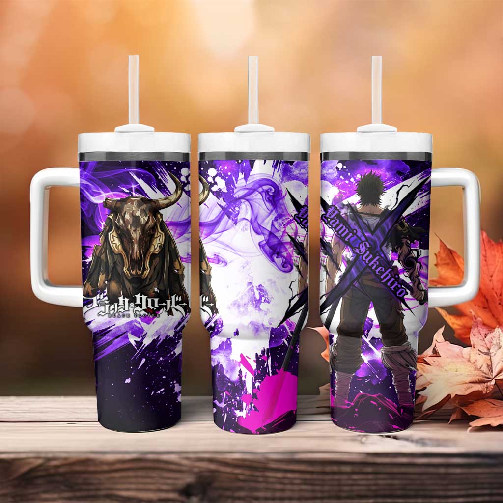 Yami Sukehiro Black Clover Tumbler With Handle Dark Magic Anime Style with Purple Smoke and Bull Emblem