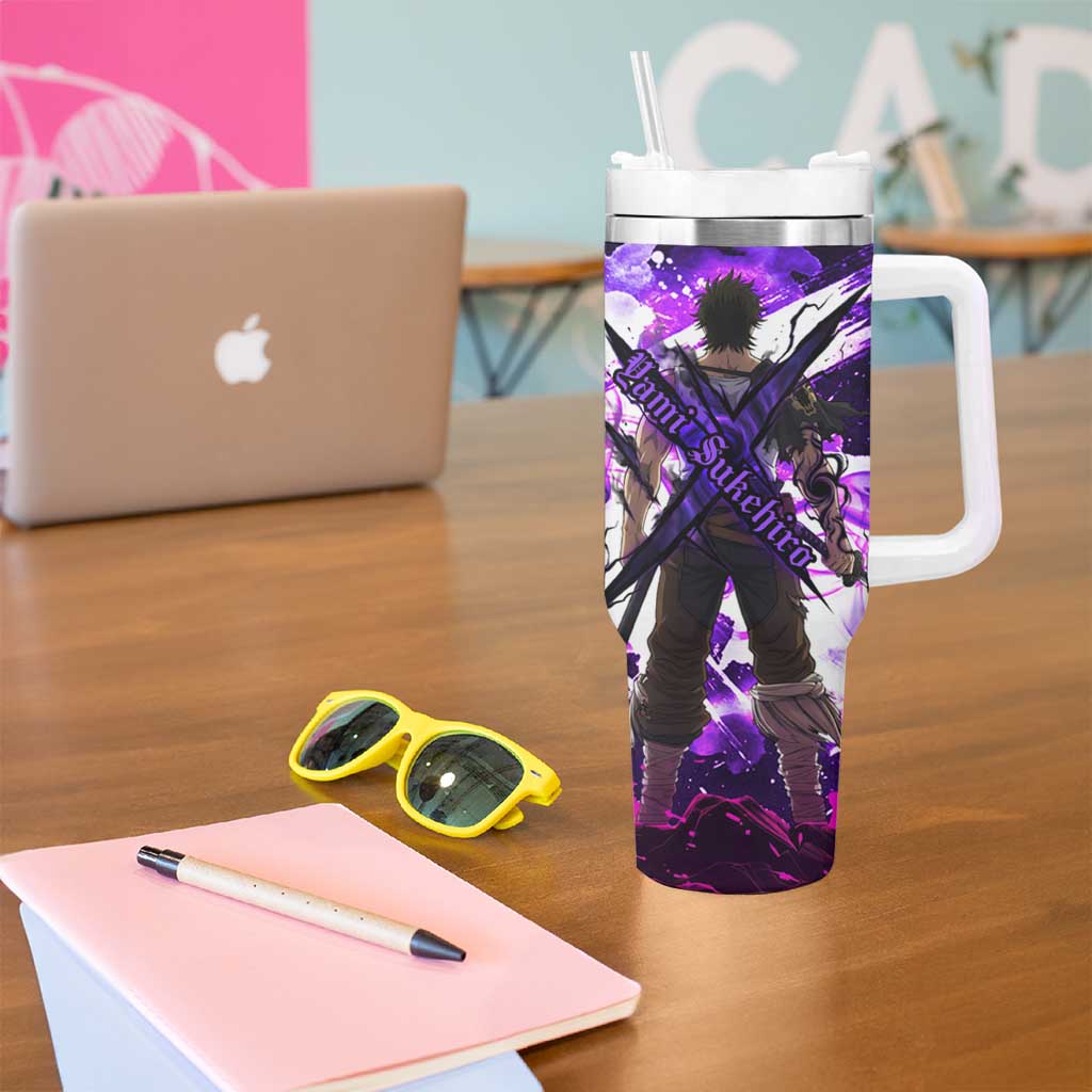 Yami Sukehiro Black Clover Tumbler With Handle Dark Magic Anime Style with Purple Smoke and Bull Emblem