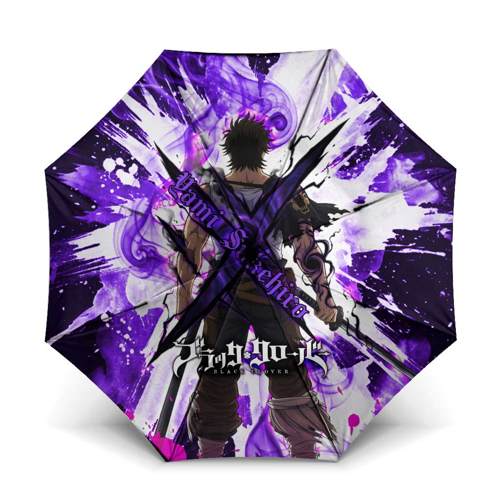 Yami Sukehiro Black Clover Umbrella Dark Magic Anime Style with Purple Smoke and Bull Emblem