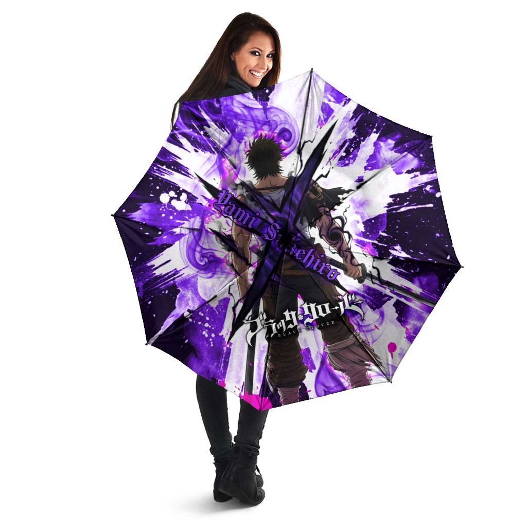 Yami Sukehiro Black Clover Umbrella Dark Magic Anime Style with Purple Smoke and Bull Emblem