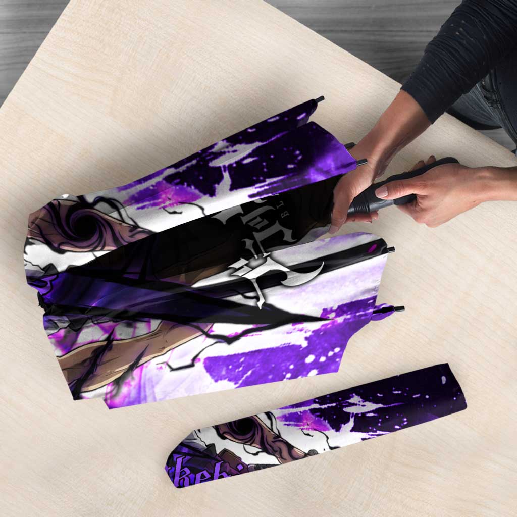 Yami Sukehiro Black Clover Umbrella Dark Magic Anime Style with Purple Smoke and Bull Emblem