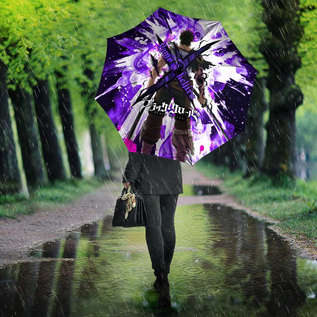 Yami Sukehiro Black Clover Umbrella Dark Magic Anime Style with Purple Smoke and Bull Emblem
