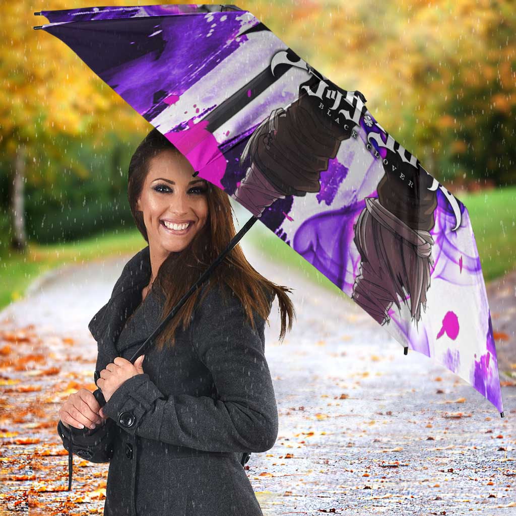 Yami Sukehiro Black Clover Umbrella Dark Magic Anime Style with Purple Smoke and Bull Emblem