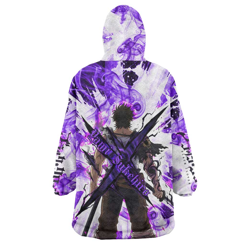 Yami Sukehiro Black Clover Wearable Blanket Hoodie Dark Magic Anime Style with Purple Smoke and Bull Emblem