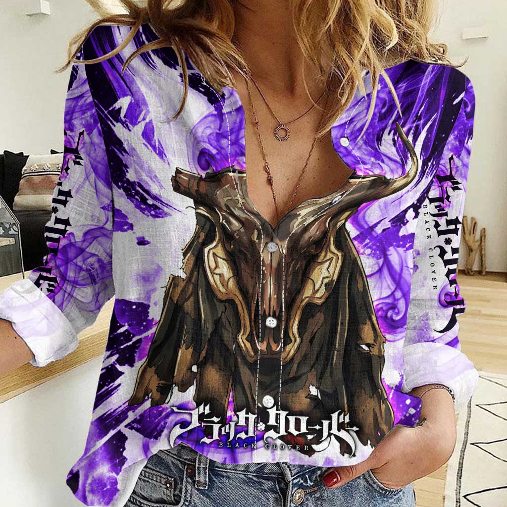 Yami Sukehiro Black Clover Women Casual Shirt Dark Magic Anime Style with Purple Smoke and Bull Emblem