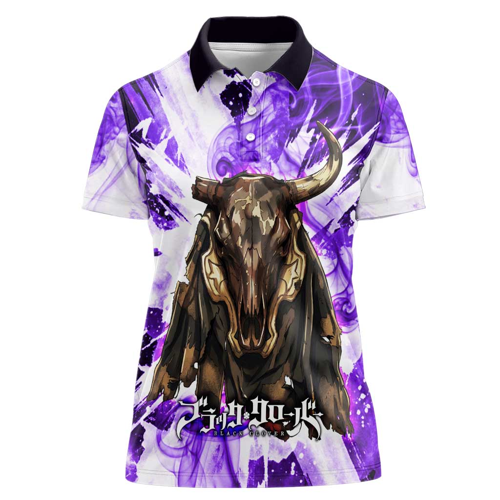 Yami Sukehiro Black Clover Women Polo Shirt Dark Magic Anime Style with Purple Smoke and Bull Emblem
