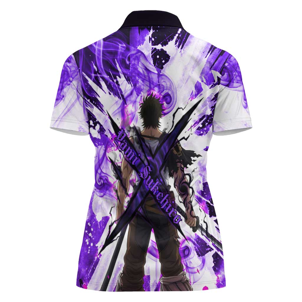 Yami Sukehiro Black Clover Women Polo Shirt Dark Magic Anime Style with Purple Smoke and Bull Emblem