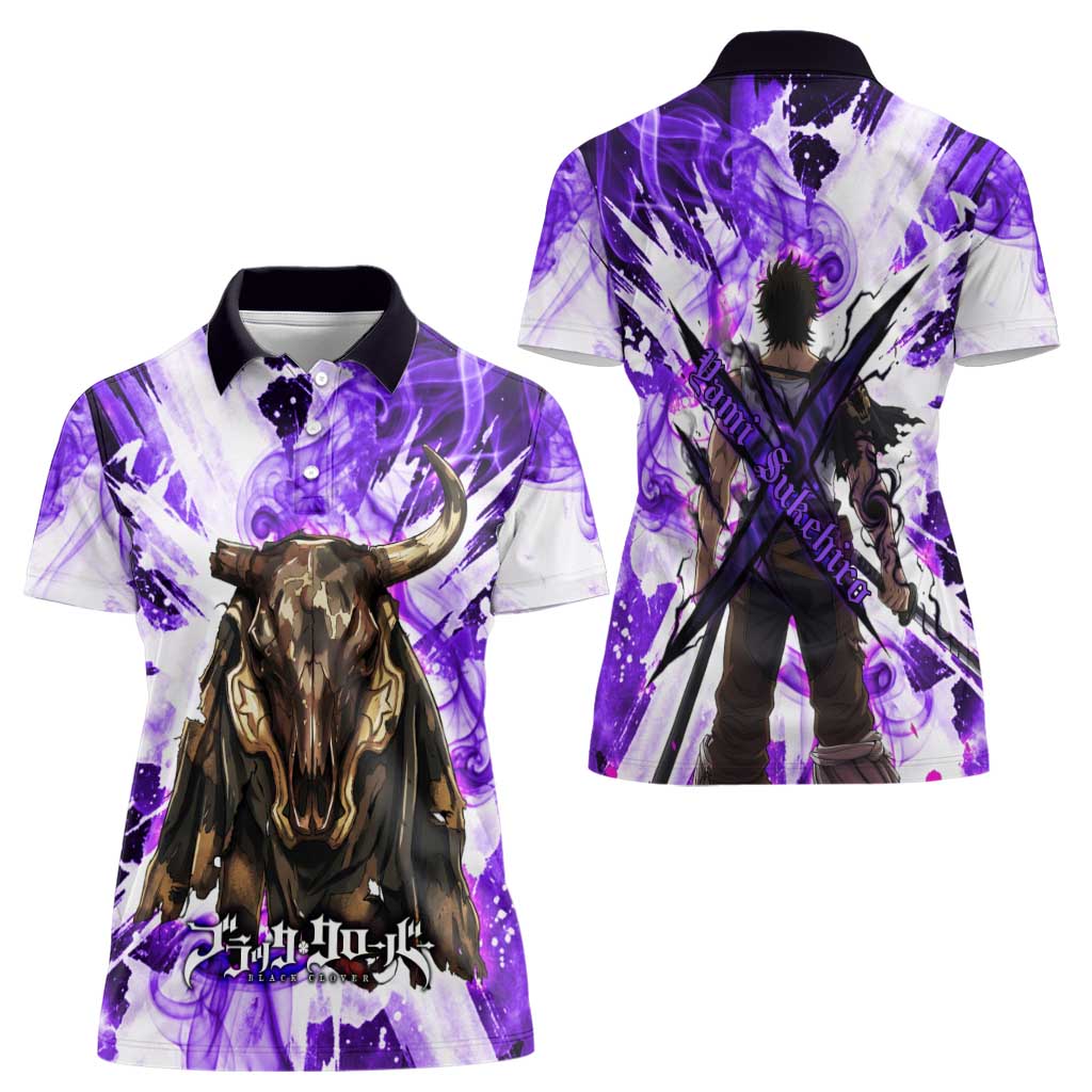 Yami Sukehiro Black Clover Women Polo Shirt Dark Magic Anime Style with Purple Smoke and Bull Emblem