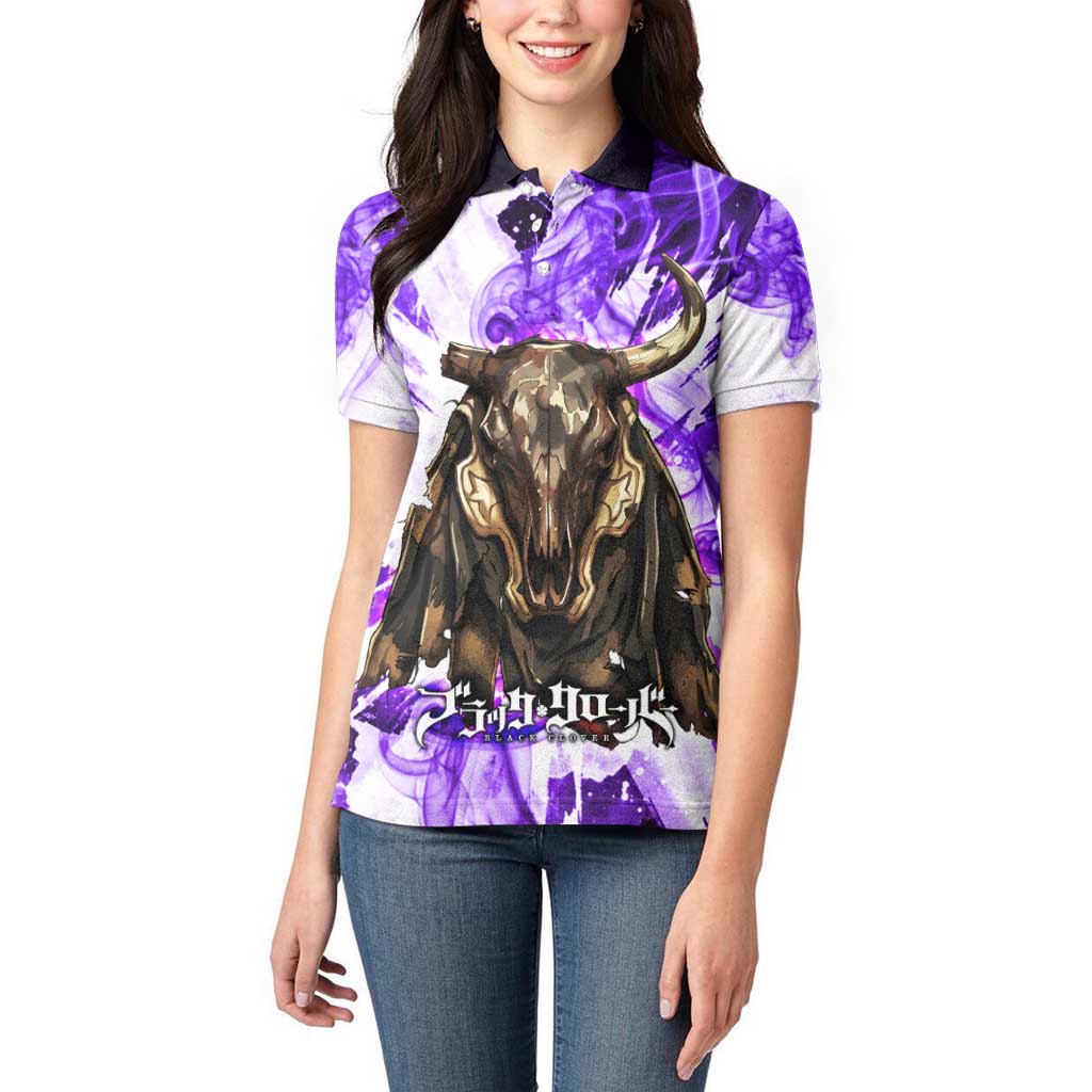 Yami Sukehiro Black Clover Women Polo Shirt Dark Magic Anime Style with Purple Smoke and Bull Emblem