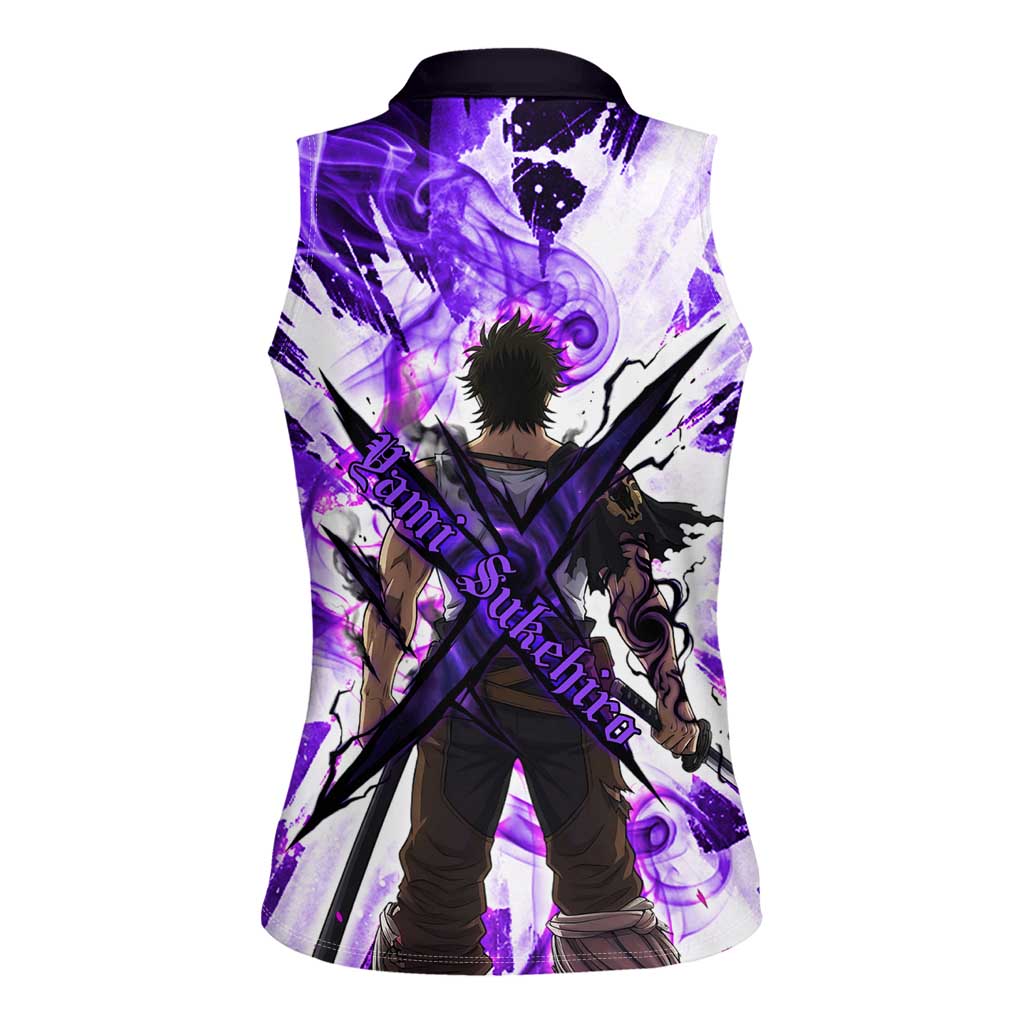 Yami Sukehiro Black Clover Women Sleeveless Polo Shirt Dark Magic Anime Style with Purple Smoke and Bull Emblem