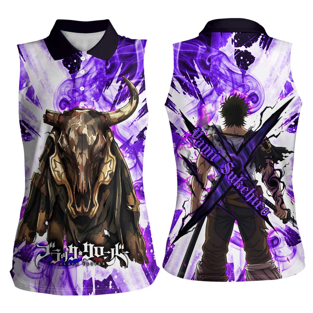 Yami Sukehiro Black Clover Women Sleeveless Polo Shirt Dark Magic Anime Style with Purple Smoke and Bull Emblem