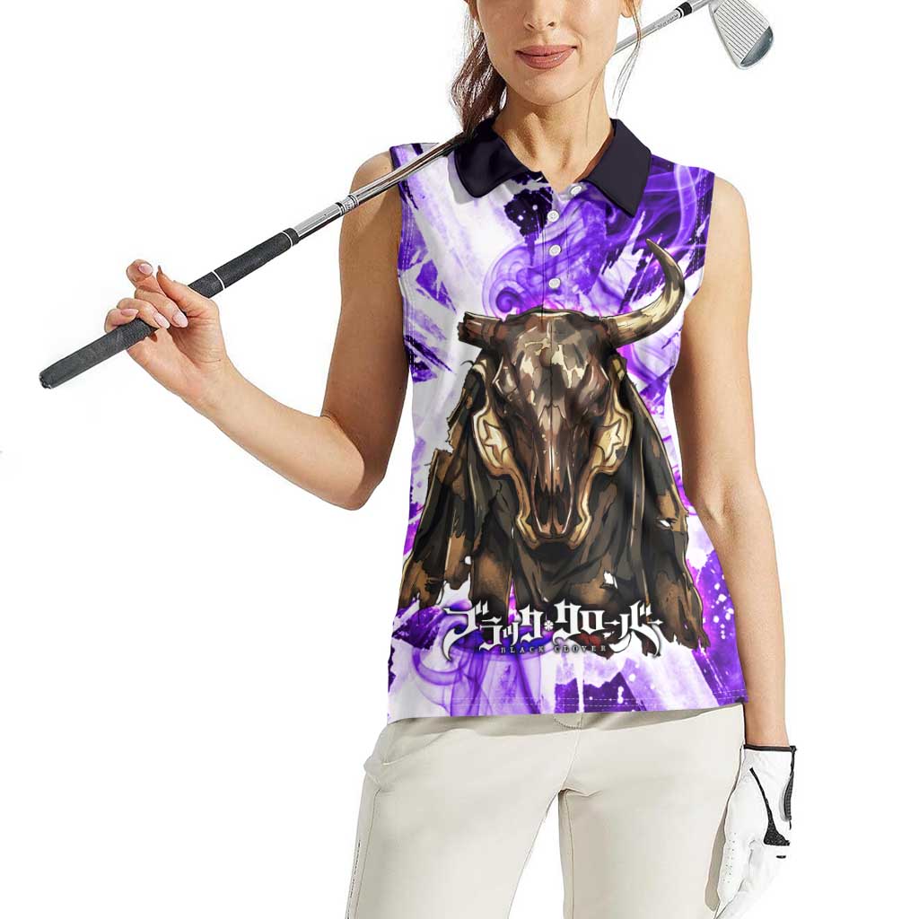 Yami Sukehiro Black Clover Women Sleeveless Polo Shirt Dark Magic Anime Style with Purple Smoke and Bull Emblem