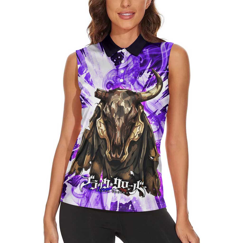 Yami Sukehiro Black Clover Women Sleeveless Polo Shirt Dark Magic Anime Style with Purple Smoke and Bull Emblem